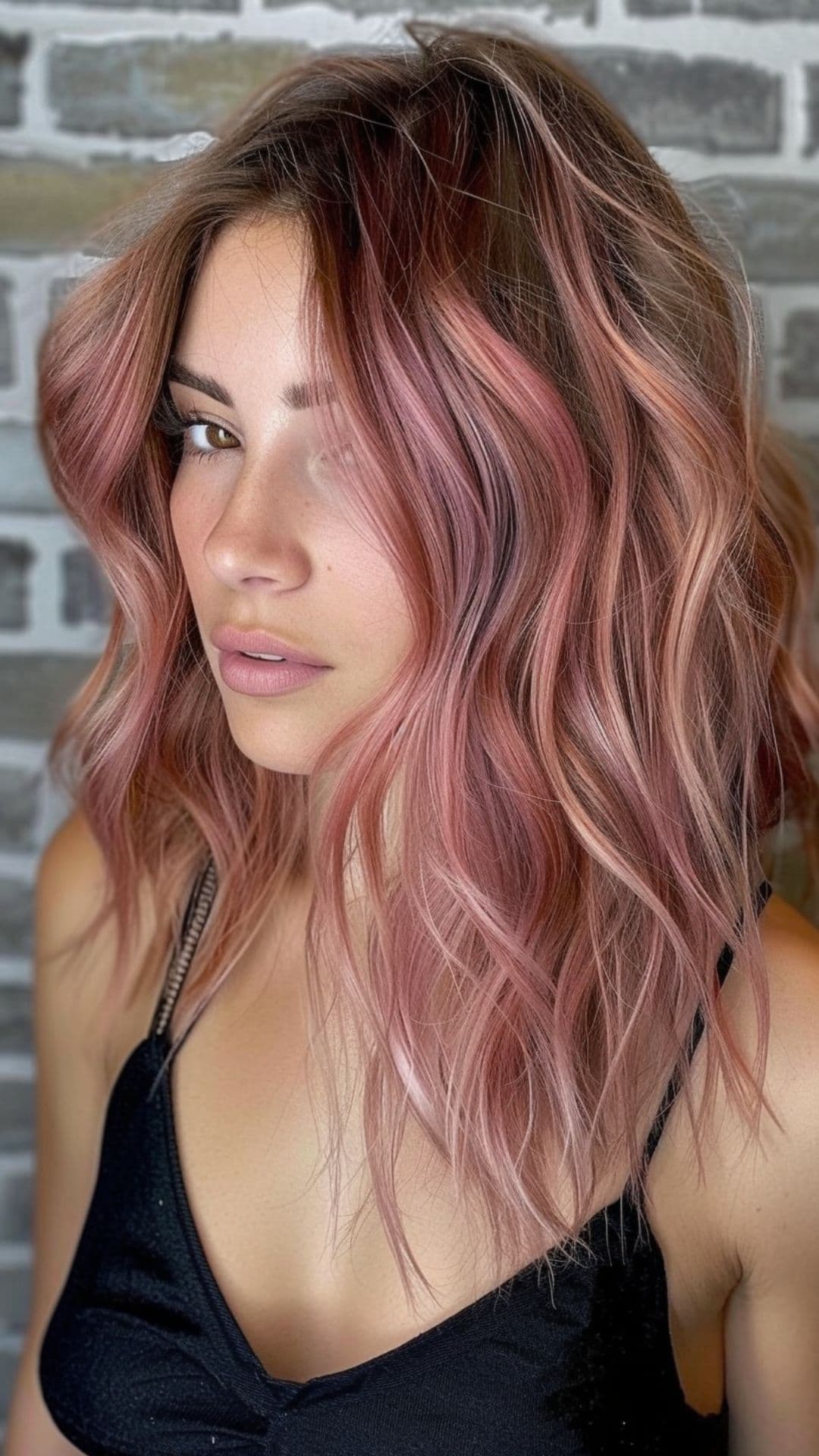 A woman modelling a rose gold hair with shadow roots.