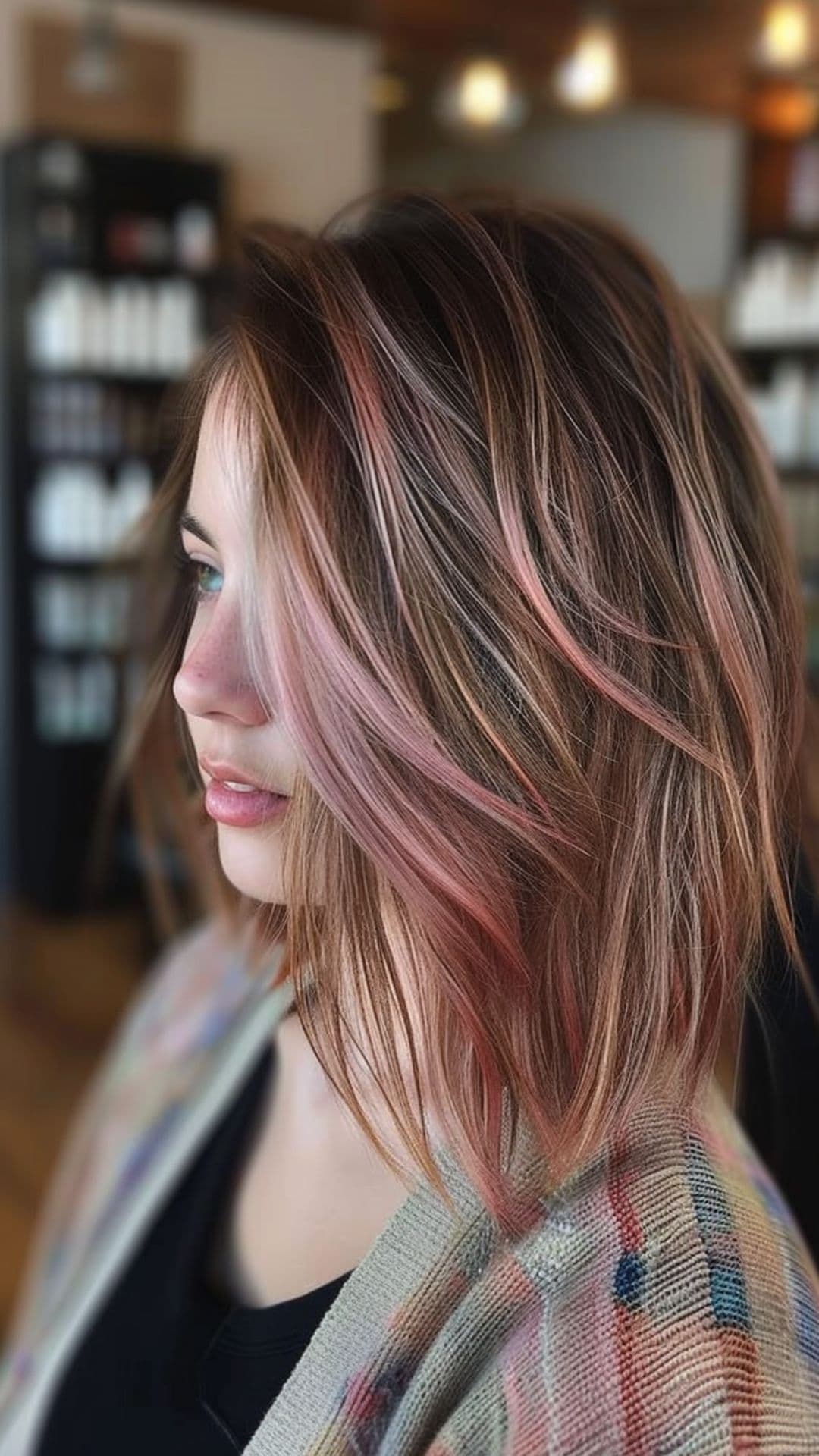 A woman modelling a rose gold highlights.