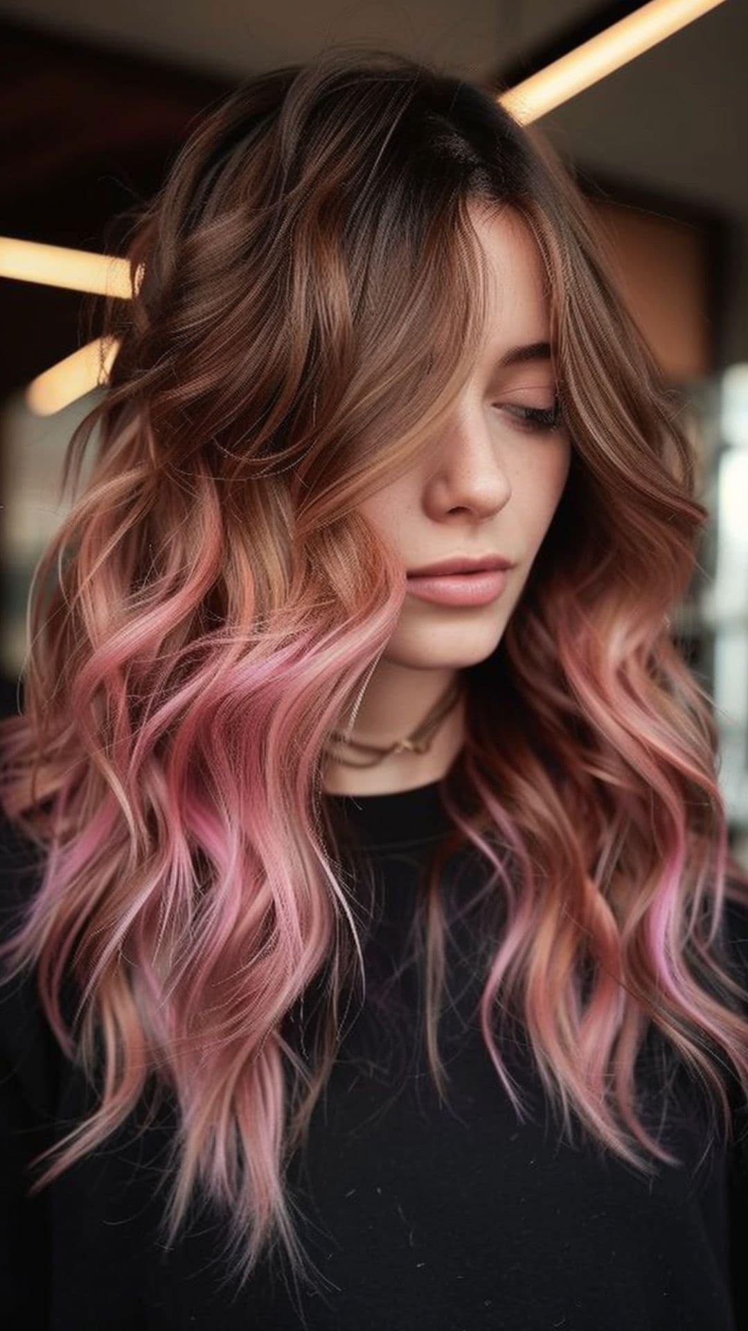 A woman modelling a rose gold midshaft balayage.