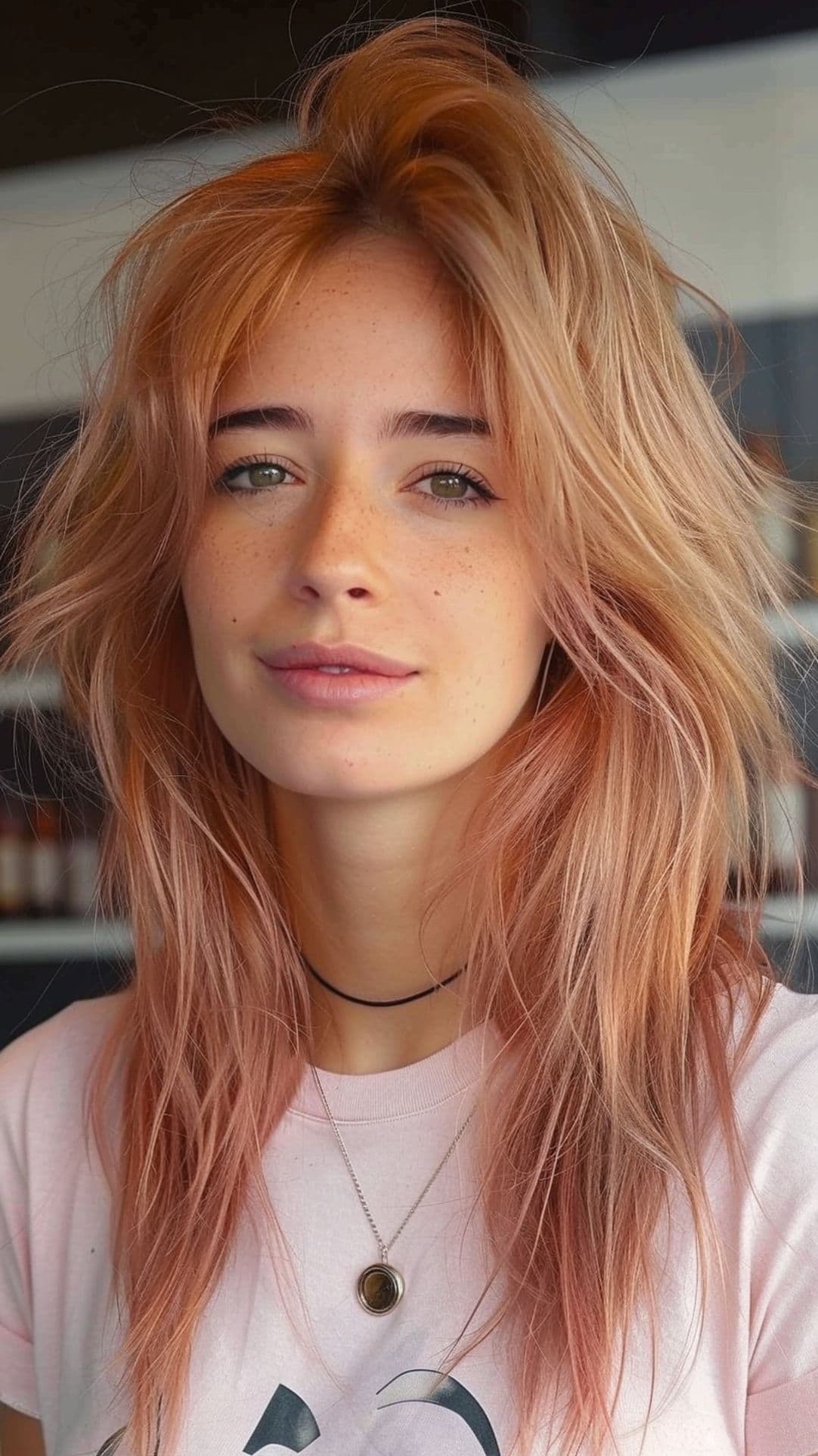 A woman modelling a rose gold shag haircut.