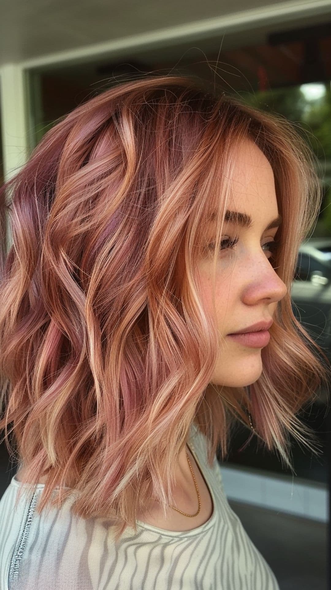 A woman modelling a rose gold tousled lob hairstyle.