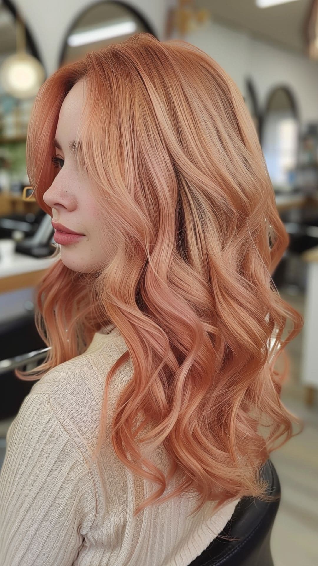 A woman modelling a rose gold hair.