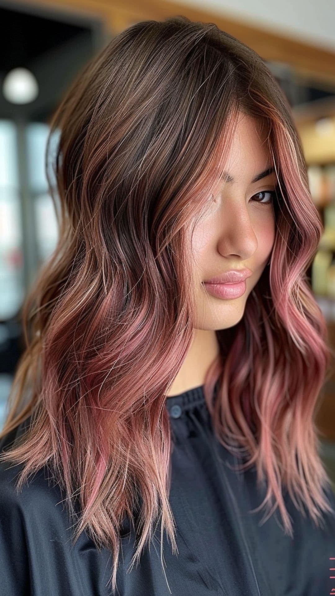 A woman modelling a rose ombre on brown hair.