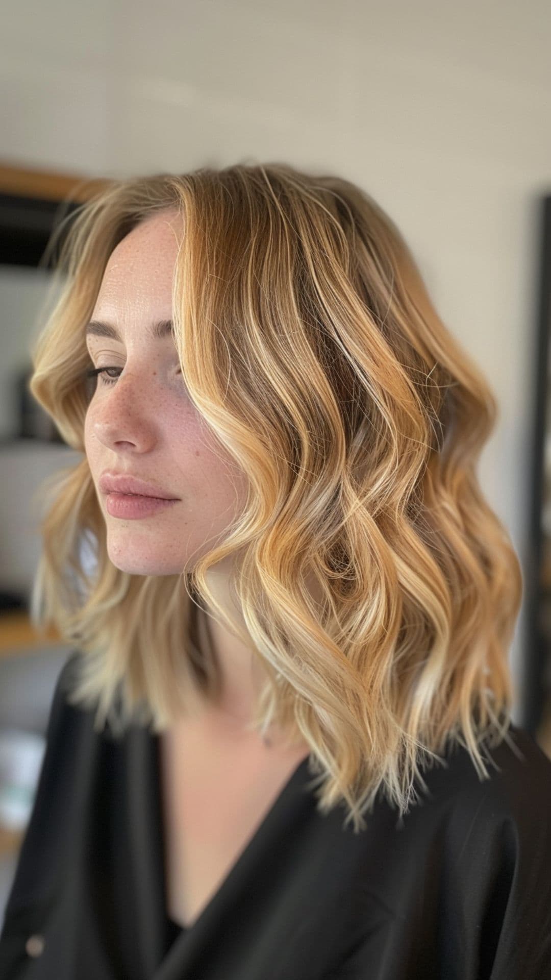 A woman modelling a sandy blonde hair.