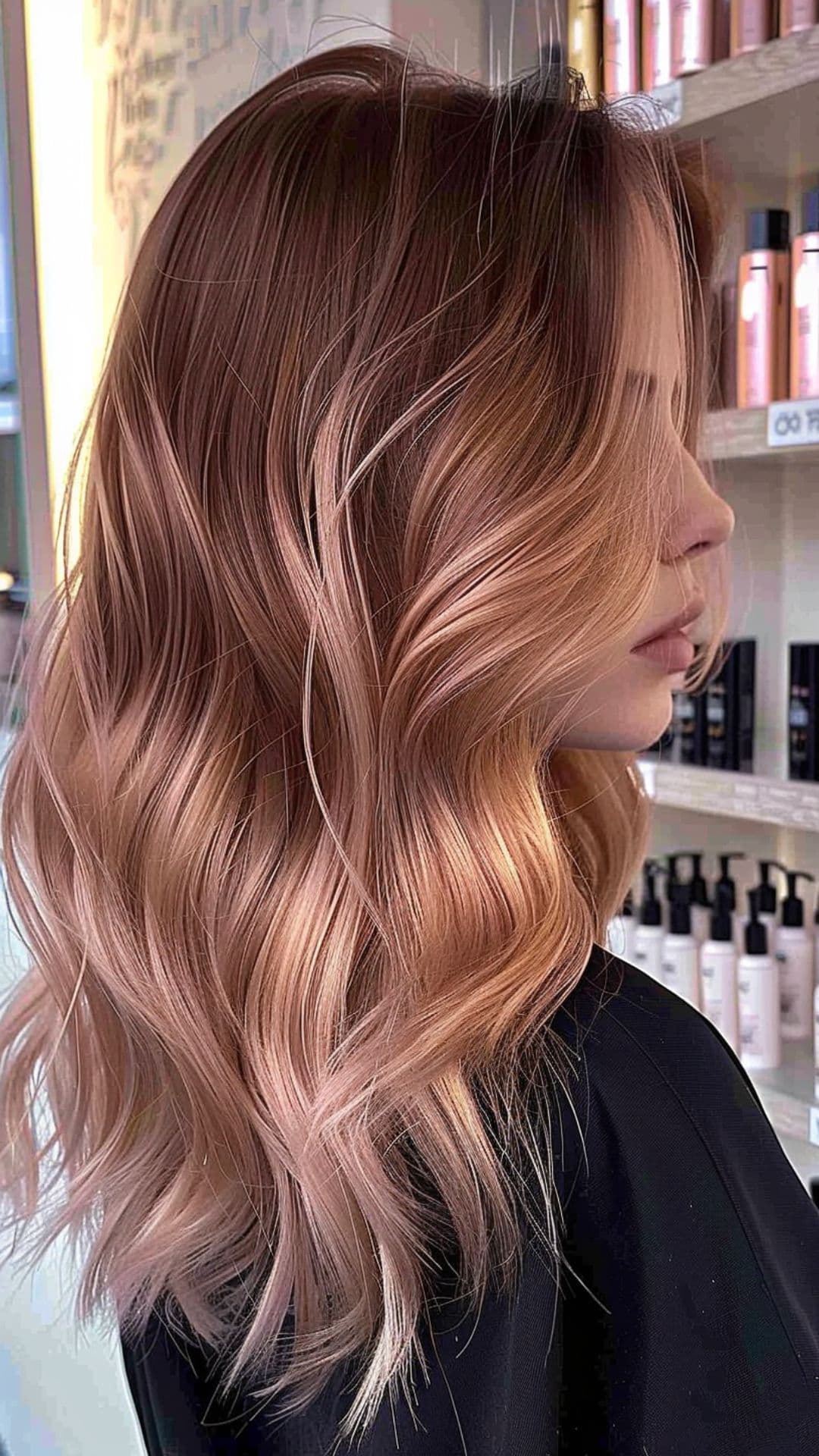 A woman modelling a smoky rose gold hair.