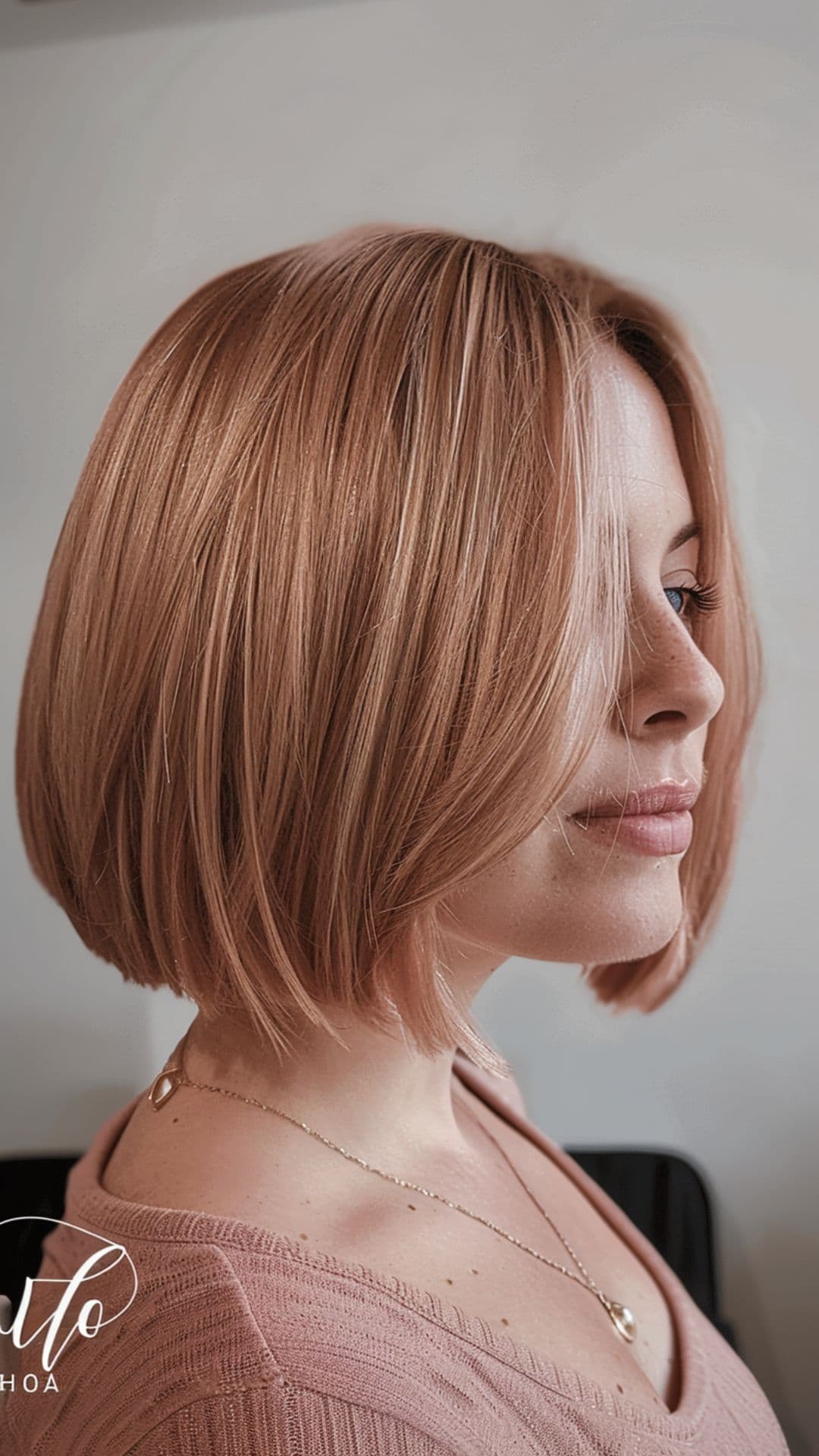 A woman modelling a soft rose gold classic bob.