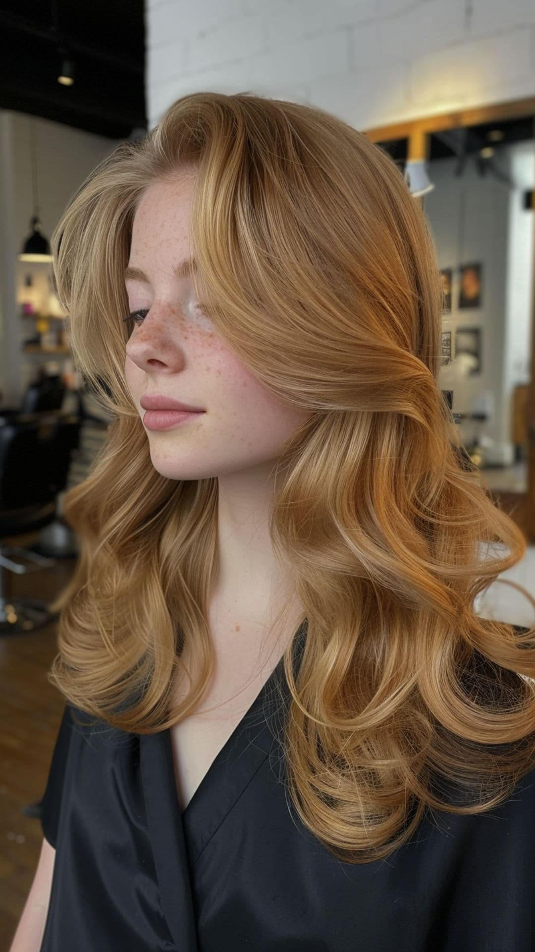 A woman modelling a strawberry blonde hair.