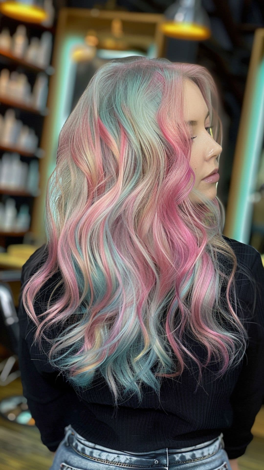 A woman modelling a unicorn hair.