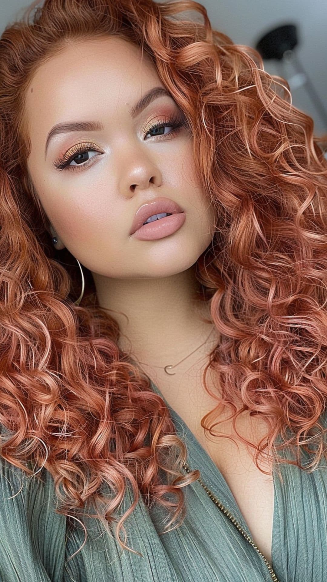 A woman modelling a voluminous rose gold curls.